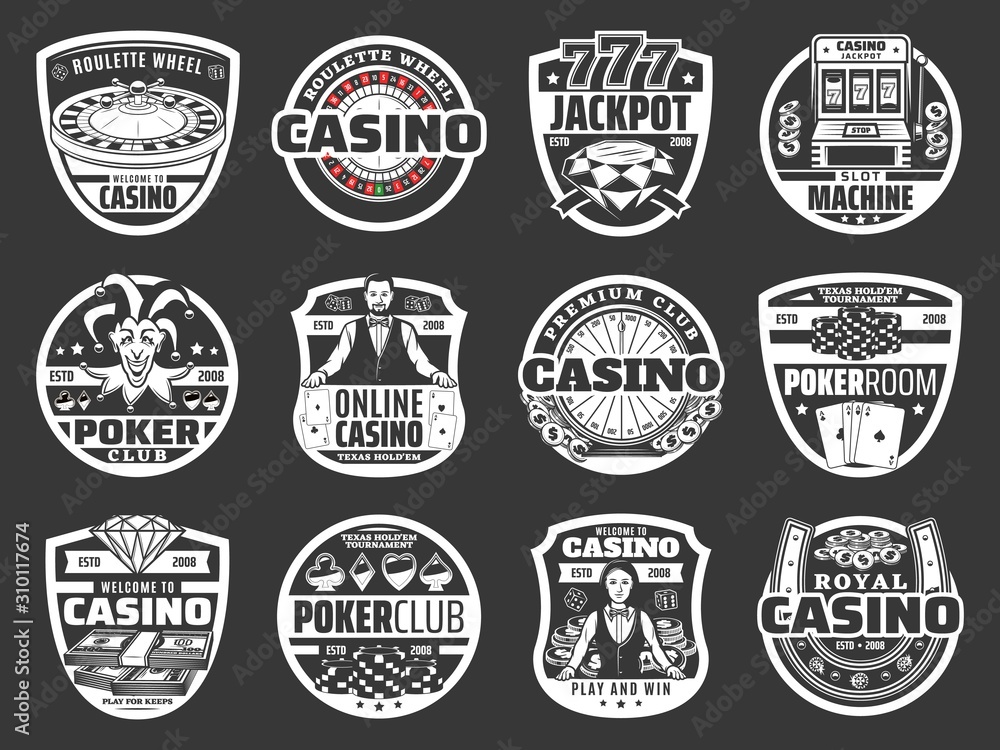 Obraz premium Casino poker game, roulette jackpot money win, golden coins splash. Vector online casino gambling game and wheel of fortune lucky slot machine, playing cards, chip and dice in neon sign