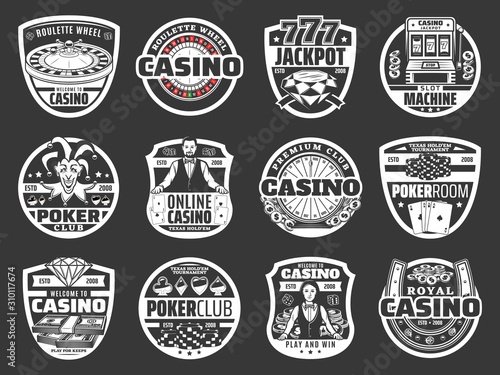 Casino poker game, roulette jackpot money win, golden coins splash. Vector online casino gambling game and wheel of fortune lucky slot machine, playing cards, chip and dice in neon sign