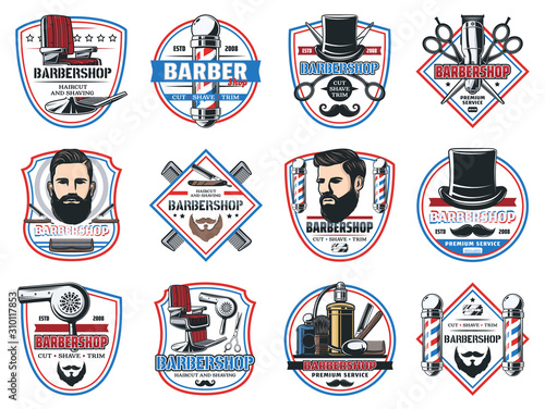 Barbershop salon, gentleman and hipster barber shop hairdresser premium signs. Vector icons of beard and mustaches, barber shop chair, shaving razor blade, hair comb and barber scissors