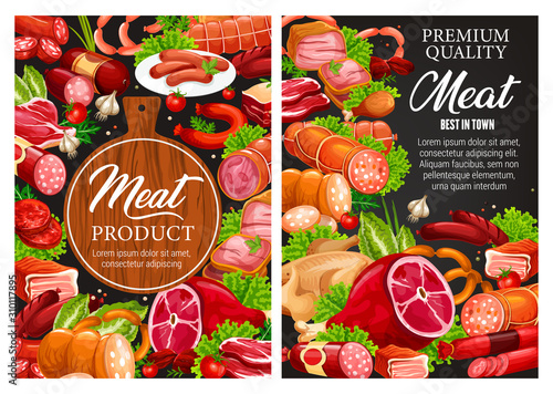 Butcher shop meat food and sausages, butchery and farmer products sketch poster. Vector butcher pork, lamb and beef steak or ham and bacon, filet and mutton ribs, salami and cervelat sausages