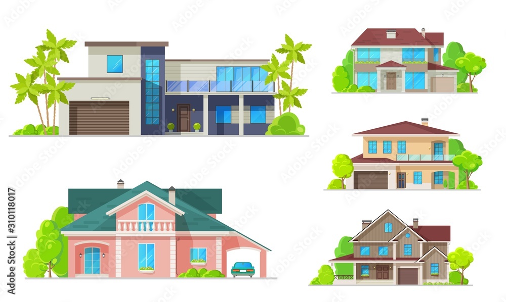 Houses, mansions and residential real estate buildings architecture. Vector modern family cottage houses and villa apartments, urban property terraces, carport garages and luxury private apartments