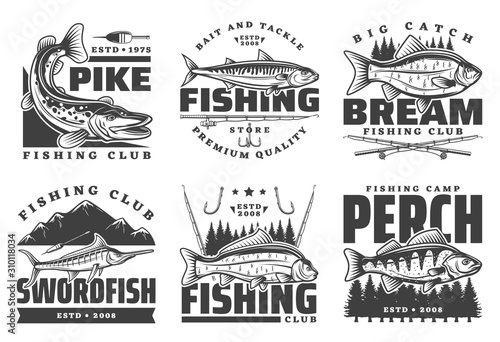 Fishing club badges, fisherman summer camp and big fish catch tours. Vector fishing tournament badges, fisher equipment tackles, rods and lures for river pike and bream, ocean swordfish and lake perch