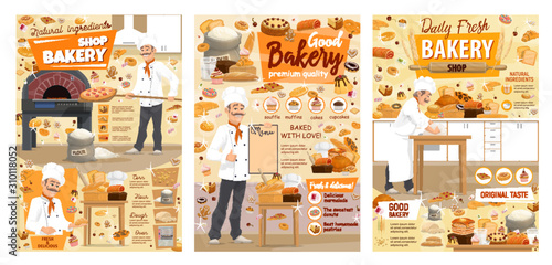 Bakery shop bread, pizza, desserts and pastry sweet cookies. Vector baker man in chef hat at kitchen oven kneading dough, cooking patisserie cakes, croissants, pancakes and wheat pies