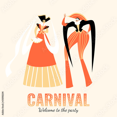 Carnival banner with funny character in traditional  Italian costumes on stilts