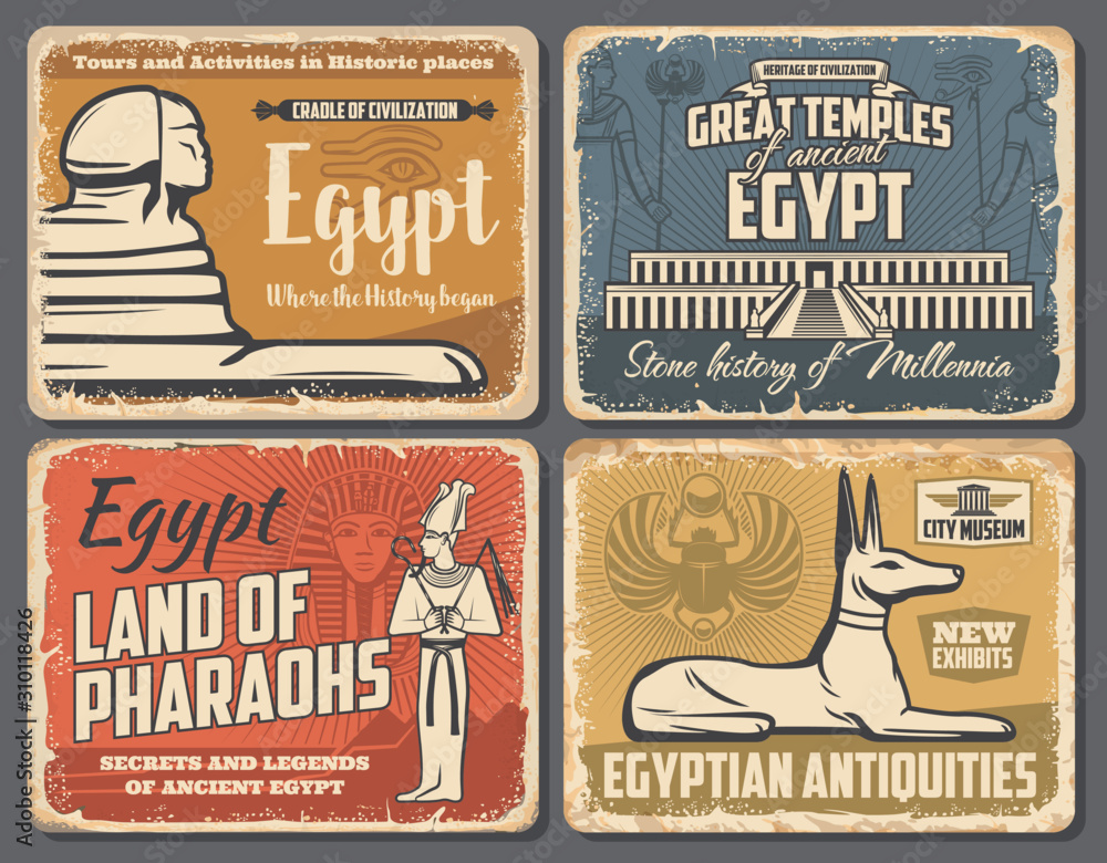 Ancient Egypt travel trips and Cairo landmarks tours retro vintage posters. Vector ancient Egypt pharaoh pyramids, Sphinx and Egyptian god temples sightseeing, antiquity museum and souvenirs shop