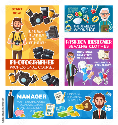 Jeweler goldsmith and photographer, fashion designer and business manager profession people and tools. Vector jewelry gemstones, journalist camera and films, tailoring scissors, money and investments