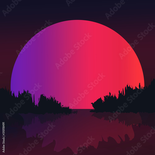 Landscape of the big moon over the lake.Night of the red Moon with reflections on the water. Vector illustration