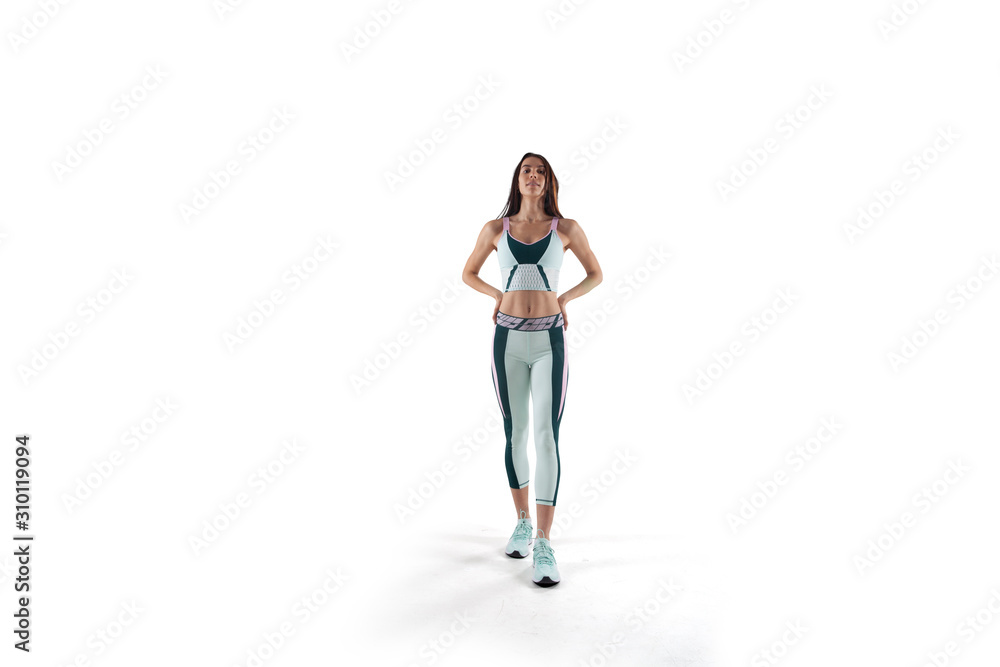 Female athlete running and jumping isolated on white. Female athlete running and jumping isolated on white.