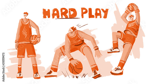 Vector collection of lined doodle and hand draw illustration of basketball players. Man playing in basketball, throwing a ball into basket, playing with ball and standing stright. Professional
