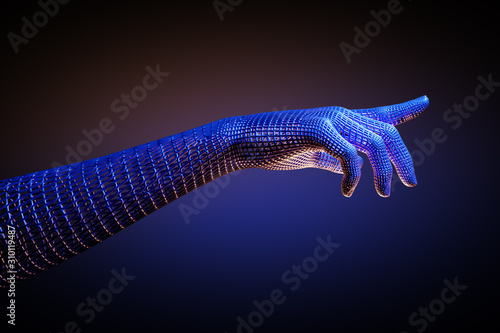 Woman hand with index finger  touching or pointing. Digital and communication concept. 3d render