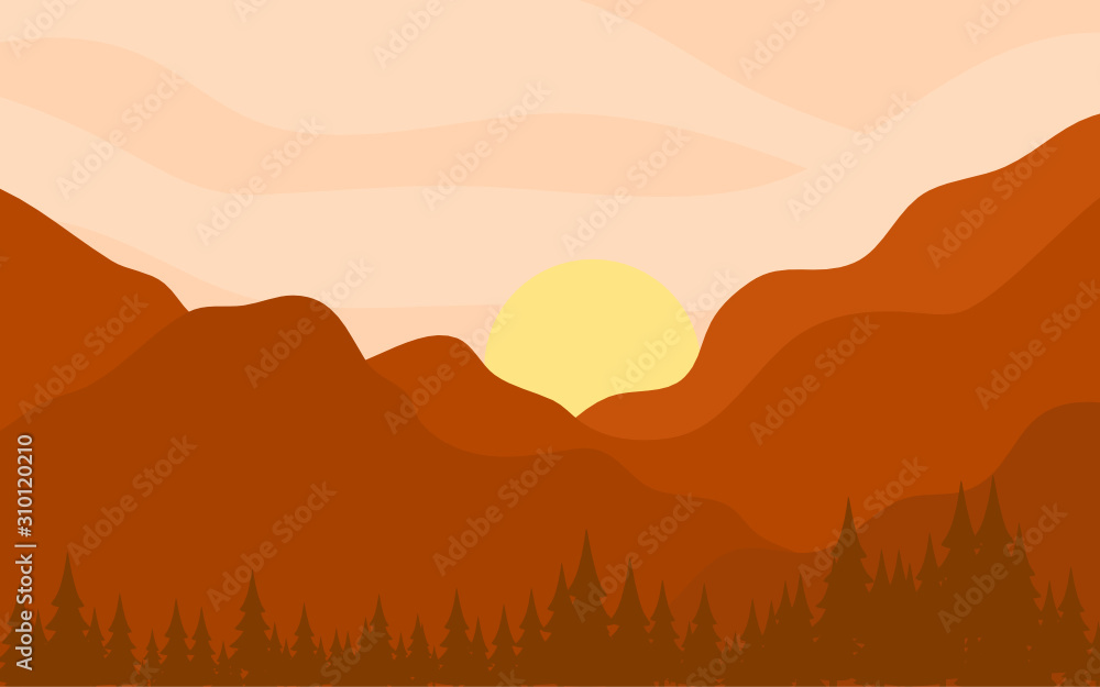 Vector nature landscape background with mountain and grass.