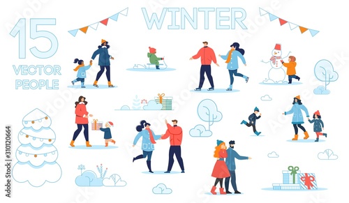 People Characters Vector Set with Winter Scenes