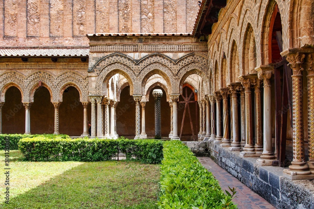The courtyard of Monreale cathedral of Assumption, Sicily, Italy.