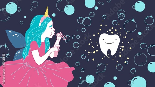 Smiling tooth fairy. Cute little happy fairy girl with tooth. Hand drawn vector cartoon doodle illustration