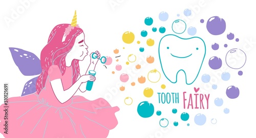 Smiling tooth fairy. Cute little happy fairy girl with tooth. Hand drawn vector cartoon doodle illustration