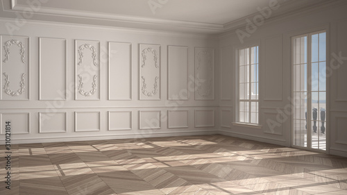 Empty room interior design, open space with white walls with stucco and parquet wooden floor, classic contemporary architecture, no people, mock-up with copy space