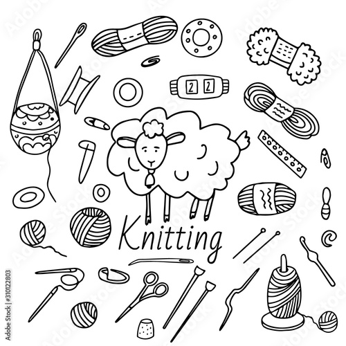 Big set of knitting equipment. Hand drawn icons of tools and materials: row counter, wool, yarn, spool, scissors, needle, thimble, stitch markers, clews, knitting needles, yarn holders, crochet hook.