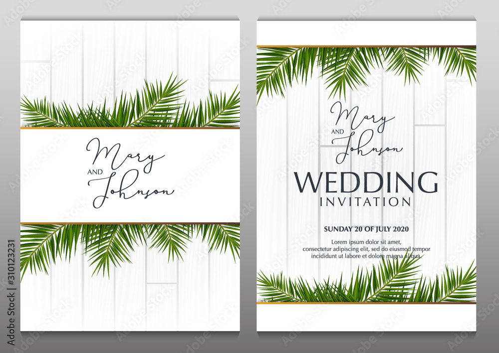 Double Wedding Invitation with palms on the white wooden background.