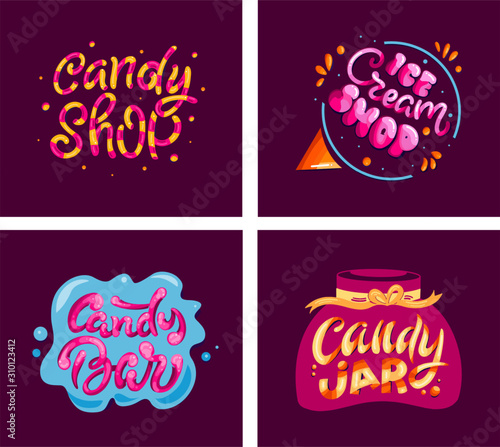 Candy set stamps, logos, lettering phrases, emblems, labels, slogans, badges. Handwritten lettering composition for label