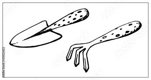 Vector silhouettes of hand held rake and shoulder blades for gardening.