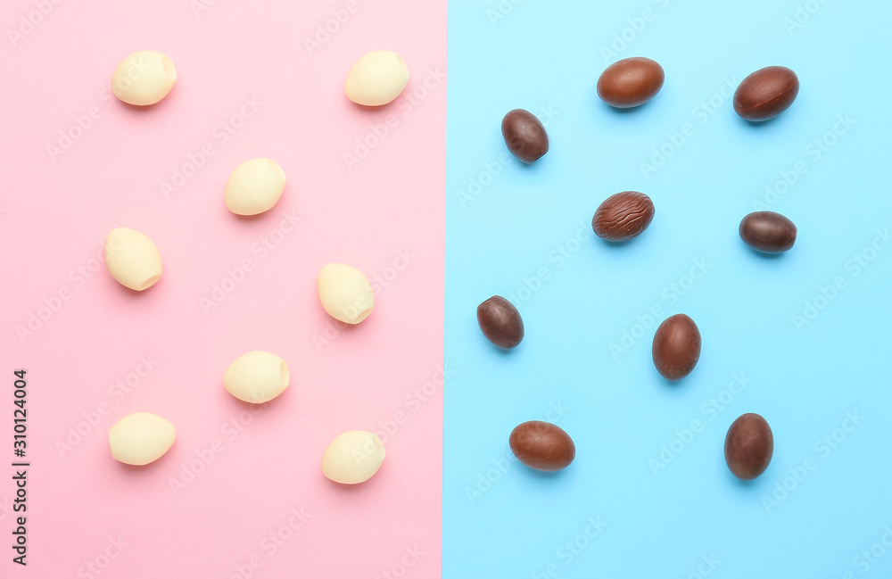 Chocolate Easter eggs on color background Chocolate Easter eggs on color background