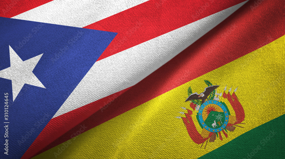 Fototapeta premium Puerto Rico and Bolivia two flags textile cloth, fabric texture