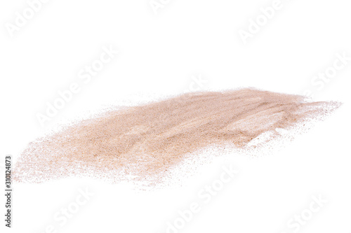 Pile of small beige sea sand isolated on white background.