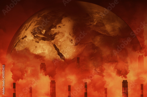 Photography Earth attacked by greenhouse effect air pollution causes of global warming crisis danger of factory smoke to air environment concept