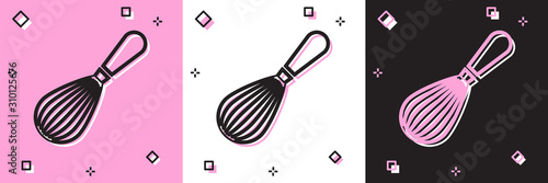 Set Kitchen whisk icon isolated on pink and white, black background. Cooking utensil, egg beater. Cutlery sign. Food mix symbol.  Vector Illustration