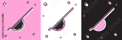Set Kitchen colander icon isolated on pink and white, black background. Cooking utensil. Cutlery sign.  Vector Illustration