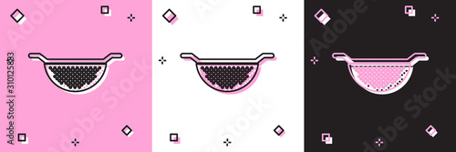 Set Kitchen colander icon isolated on pink and white, black background. Cooking utensil. Cutlery sign.  Vector Illustration