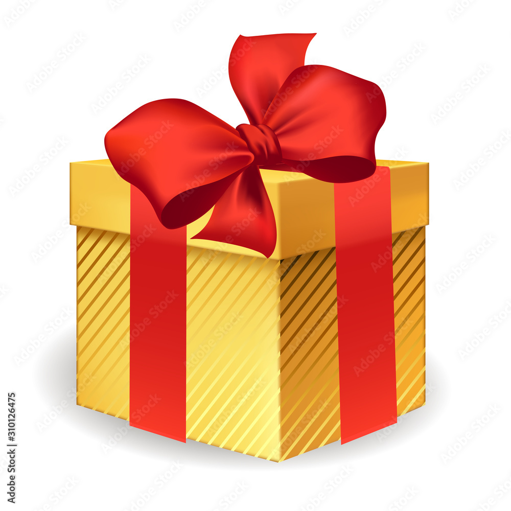 Gift with ribbon tied in a bow. The Golden box. The object is suitable for advertising, trade, sales, holidays Gift with ribbon tied in a bow. The Golden box. The object is suitable for advertising, trade, sales, holidays