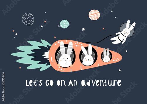 Cute hares on a carrot rocket in space among the stars.