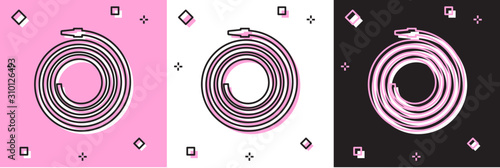 Set Garden hose or fire hose icon isolated on pink and white, black background. Spray gun icon. Watering equipment.  Vector Illustration