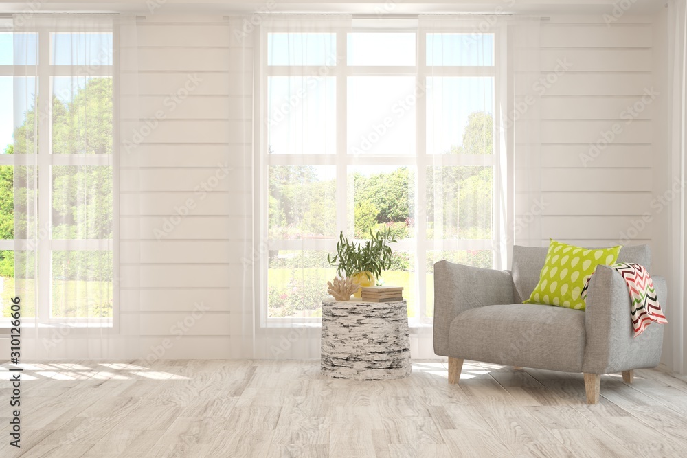 Mock up of stylish room in white color with armchair and green landscape in window. Scandinavian interior design. 3D illustration - obrazy, fototapety, plakaty 