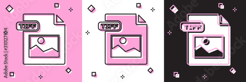 Set TIFF file document. Download tiff button icon isolated on pink and white, black background. TIFF file symbol.  Vector Illustration