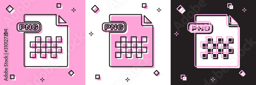 Set PNG file document. Download png button icon isolated on pink and white, black background. PNG file symbol. Vector Illustration
