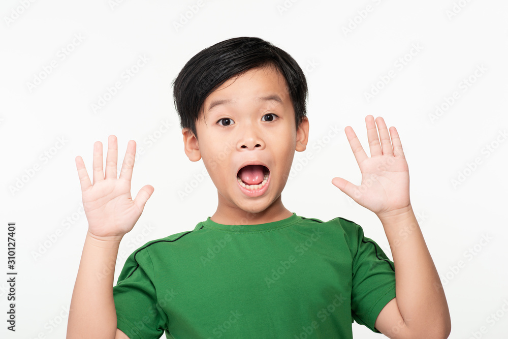 Portrait of joyful or surprised cute asian schoolboy with raised hands. Portrait of joyful or surprised cute asian schoolboy with raised hands.