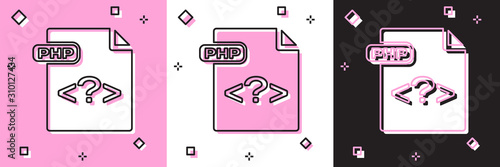 Set PHP file document. Download php button icon isolated on pink and white, black background. PHP file symbol. Vector Illustration
