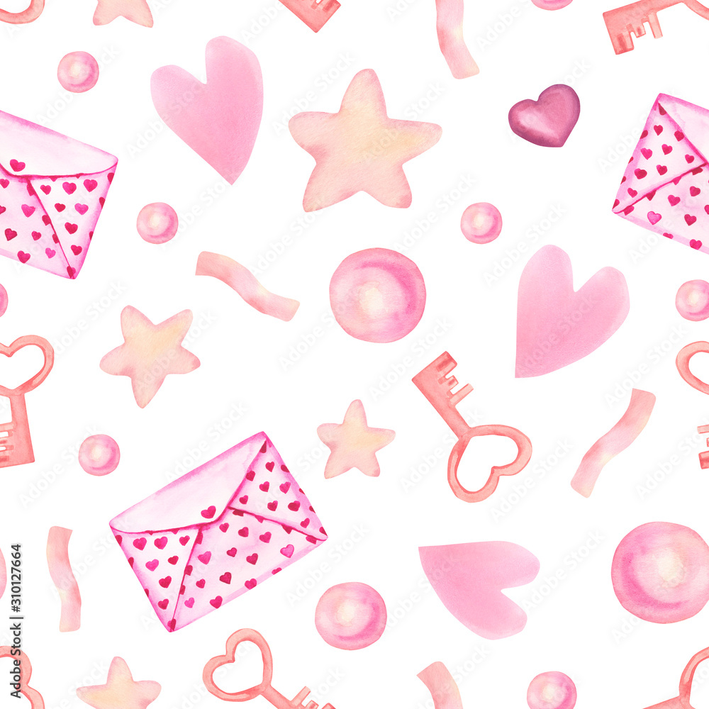 Watercolor hand drawn seamless pattern with pink letter, key, pearl, heart, star. Valentines day seamless pattern.