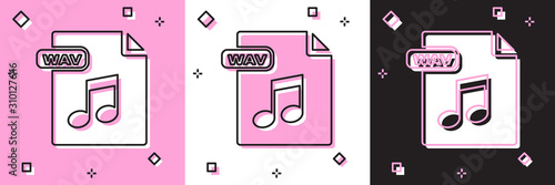 Set WAV file document. Download wav button icon isolated on pink and white, black background. WAV waveform audio file format for digital audio riff files. Vector Illustration