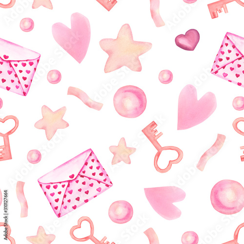 Watercolor hand drawn seamless pattern with pink letter, key, pearl, heart, star. Valentines day seamless pattern.