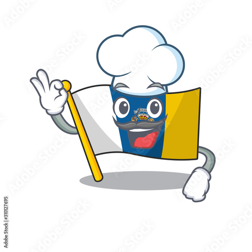 Funny Chef flag canary island Scroll cartoon character wearing white hat