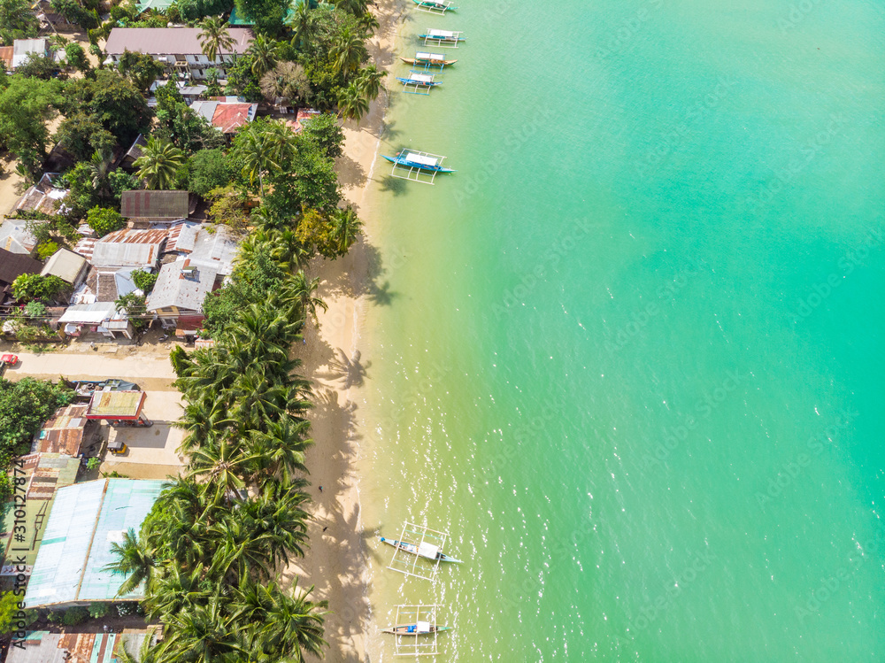 Aerial view of Port Barton Beach on paradise island, tropical travel destination - Port Barton, San Vicente, Palawan, Philippines.