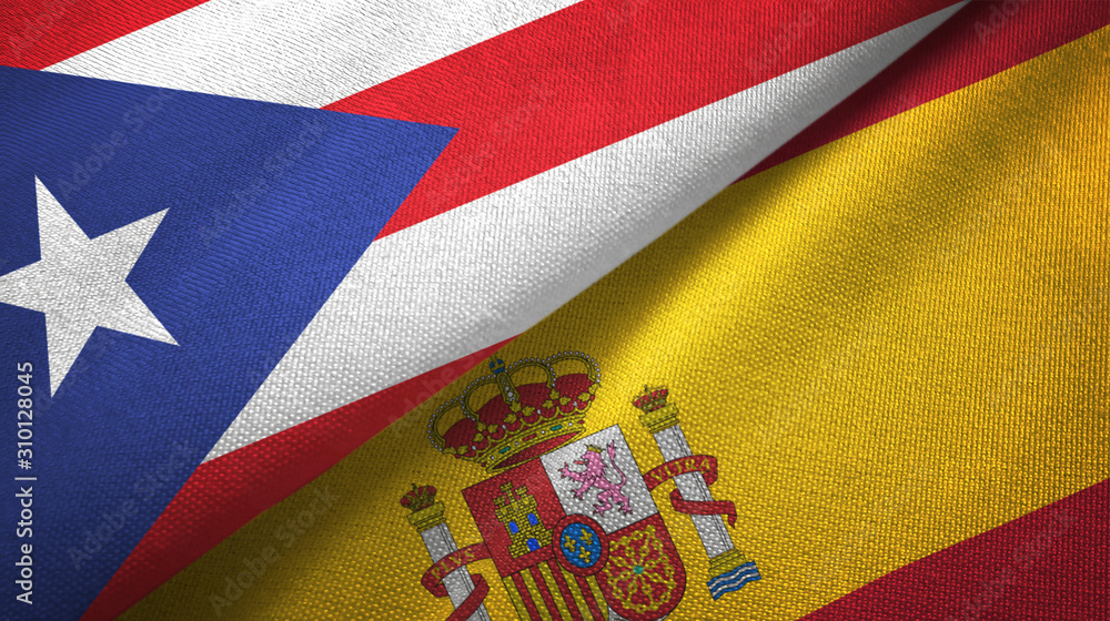 Fototapeta premium Puerto Rico and Spain two flags textile cloth, fabric texture