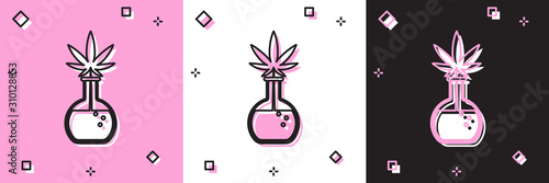Set Chemical test tube with marijuana or cannabis leaf icon isolated on pink and white, black background. Research concept. Laboratory CBD oil concept. Vector Illustration