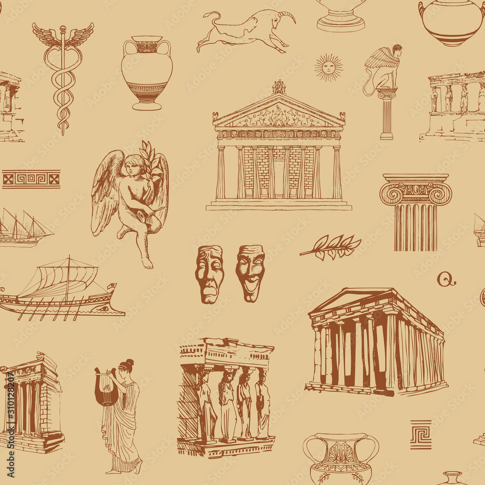 Vector seamless pattern on the theme of Ancient Greece with sketches of architectural monuments and symbols of ancient Greek culture. Wallpaper, wrapping paper or fabric with hand-drawn illustrations
