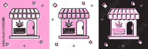 Set Marijuana and cannabis store icon isolated on pink and white, black background. Equipment and accessories for smoking, storing medical cannabis. Vector Illustration