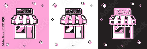 Set Marijuana and cannabis store icon isolated on pink and white, black background. Equipment and accessories for smoking, storing medical cannabis. Vector Illustration