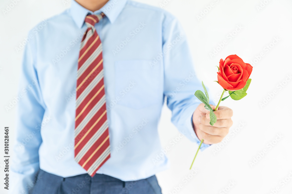 Man holding with red rose on white background Man holding with red rose on white background